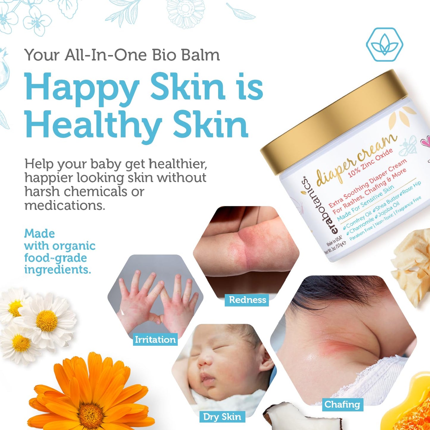 Diaper Rash Cream for Baby - Extra Soothing Zinc Oxide & Organic Aloe Vera | Gentle Moisturizer with Chamomile & Calendula