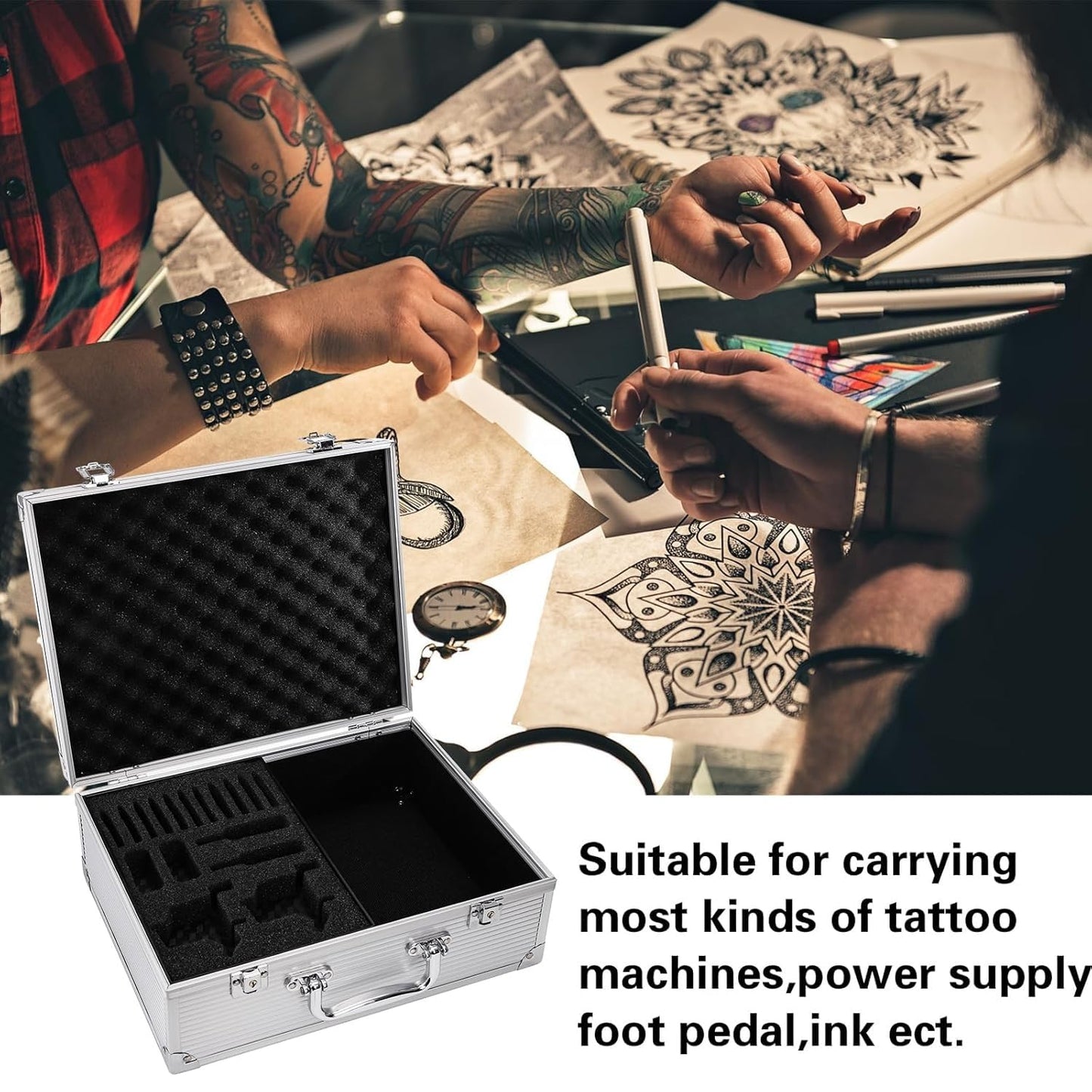 ordertattoo Large Tattoo Case Tattoo Kit Box - Aluminum Traveling Convention Carry Case (Silver)