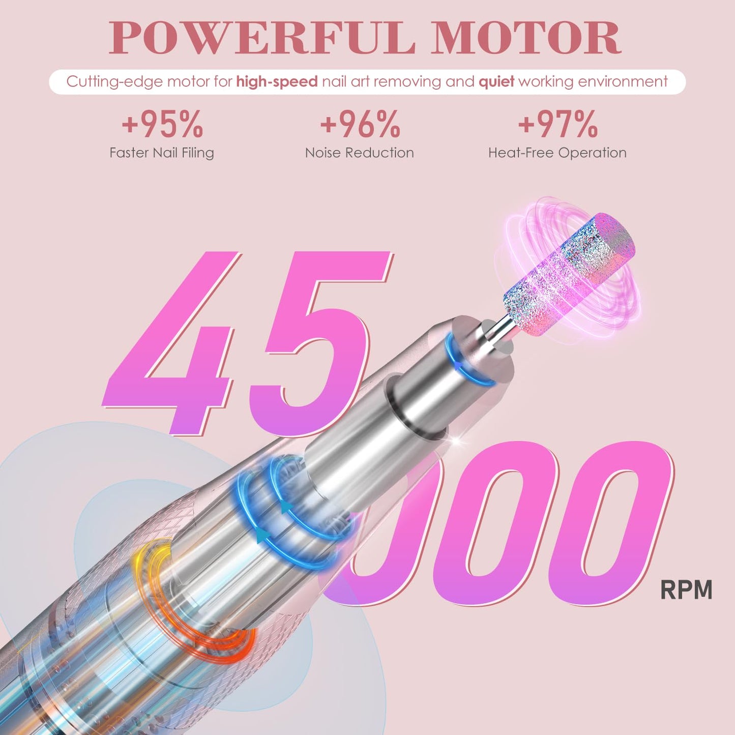 ANBEISTEE Electric Nail Drill 45000 RPM, Professional Rechargeable Nail File Kit, Nail Drill Machine, Nail Grinder, Acrylic Nail Kit for Any Manicure, Pedicure, Gel Polishing Removing, Pink