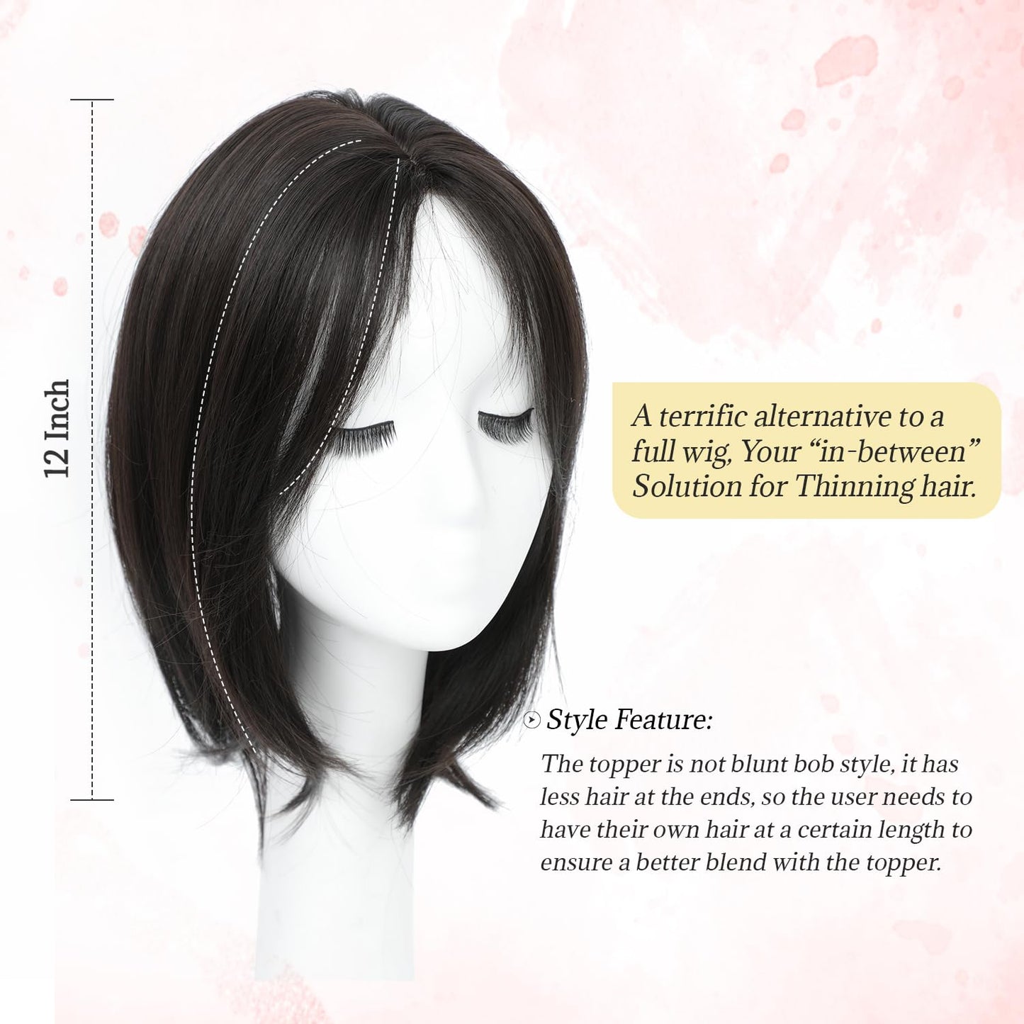 Ms Taj 12 Inch Hair Topper for Women with Thinning Hair, 6.5"x6.5" Large Base Synthetic Topper with Bangs, Fiber Wiglets Ladies Hair Pieces for Daily Wear, Work, Party-Brown Black