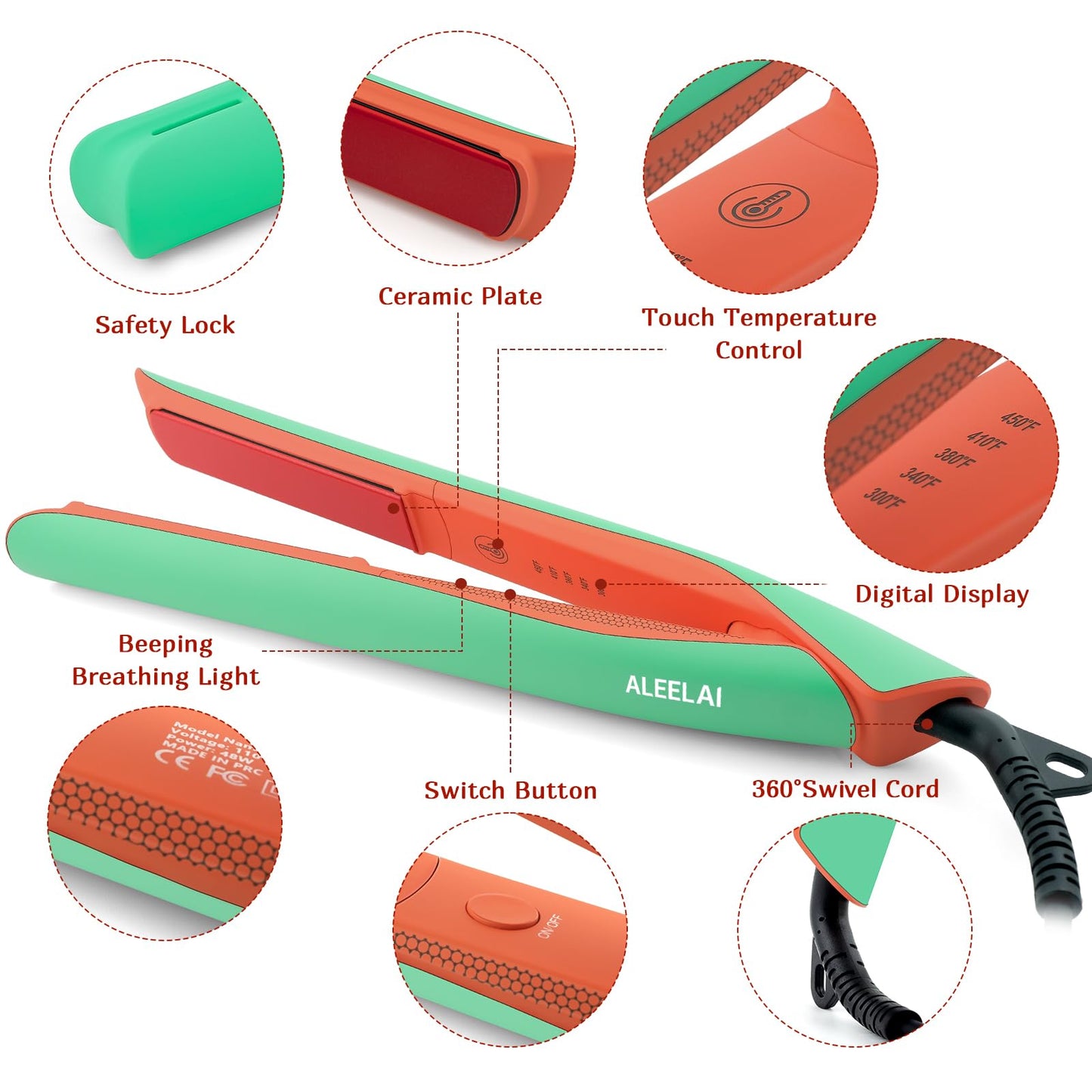 ALEELAI Flat Iron Hair Straightener and Curler, 2-in-1 Ceramic Styling Tool with Floating Plates, Fast Heat-Up, Adjustable Temperature, Dual Voltage for Travel & Home Use