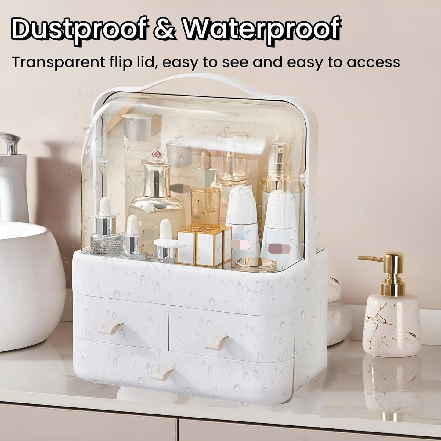 Makeup Organizer and Storage for Vanity with Lid and Drawers, Waterproof and Dustproof Portable Skincare Cosmetics Boxes, Makeup Caddy Holder for Vanity Countertop, Bathroom, Dresser-All White