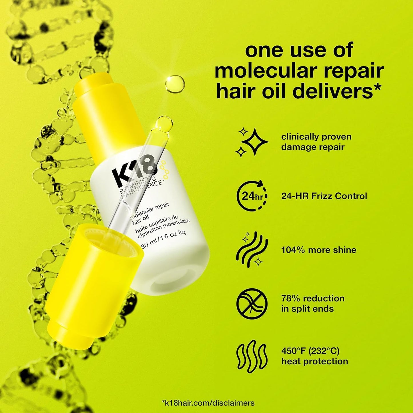 K18 Molecular Repair Hair Oil - Strengthening Peptide Damaged Hair Treatment Oil - 24-Hour Frizz Control + Heat Protectant - Helps Reduce Split Ends + Boost Shine (1 Fl oz)