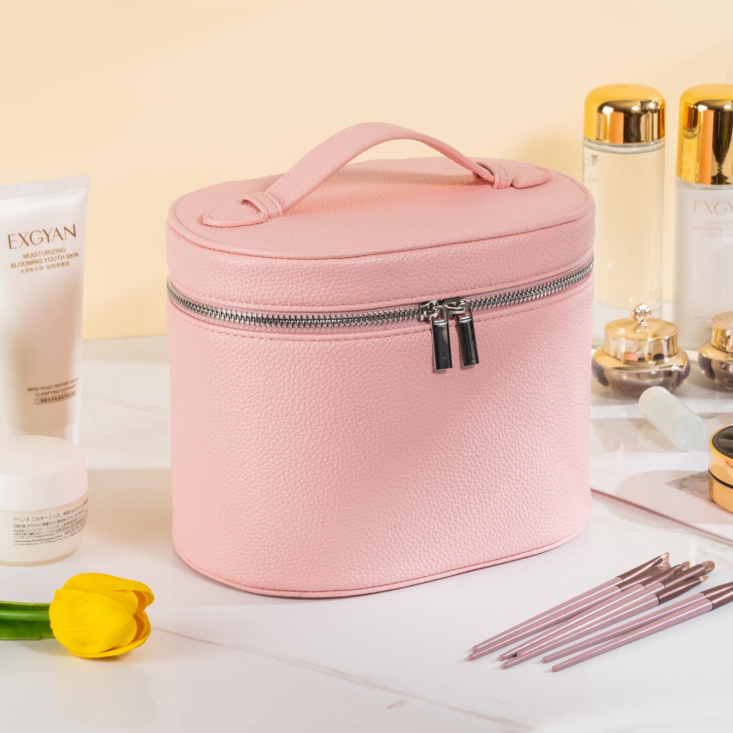 UUYUUY Makeup Bag Vanity Case Cosmetic Bag with Removable Divider Travel Toiletry Bag for Women Portable Make up Box Organizer, Pink