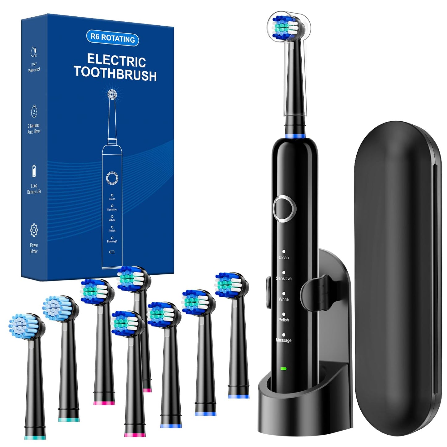 Rtauys Rotating Electric Toothbrush for Adults with 8 Brush Heads (2 Types), 5 Modes Rechargeable Power Toothbrush with Travel Case and 2 Minute Smrte Timer