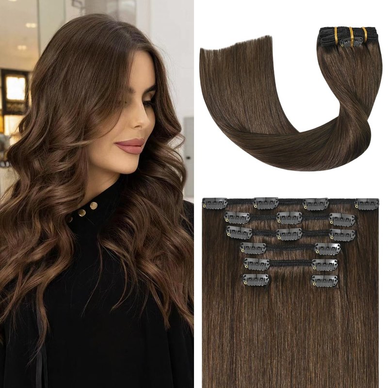 Real Human Hair Clip-In Extensions - Medium Brown 12 Inch, Soft & Natural Straight, 70g, 7pcs | #4 Chocolate Brown