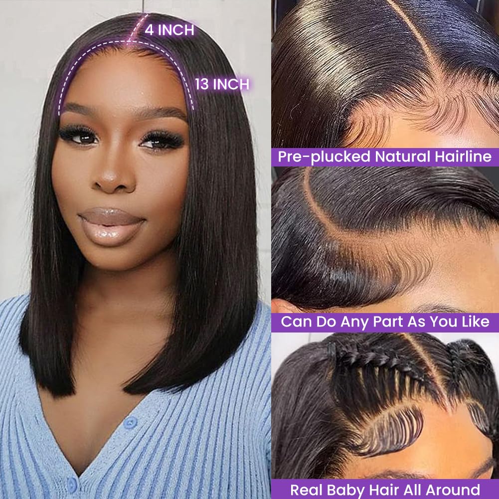 UTIDE 13x4 Lace Front Bob Wig Human Hair HD Lace Glueless Short Straight Frontal Bob Wig for Black Women Human Hair Pre Plucked with Baby Hair Side Part 150% Density Natural Color 12 Inch