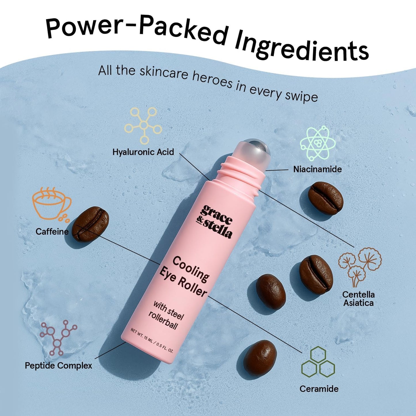 grace & stella Under Eye Brightener with Cooling Metal Rollerball - Ceramide & Caffeine Eye Cream for Puffy Eyes - Travel Size Toiletries - Vegan Skincare