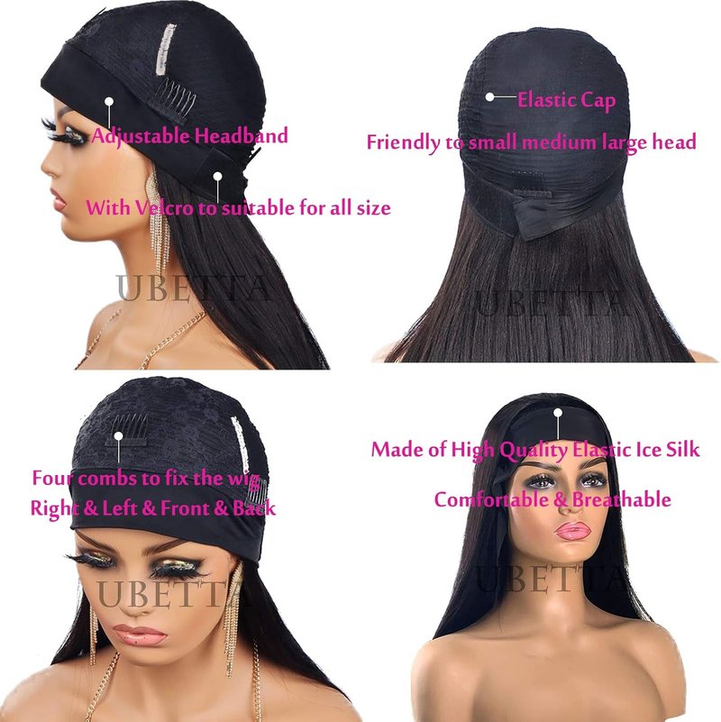 Ubetta Nature Black Headband Wig - Glueless Straight Brazilian Virgin Hair, 150% Density, 18 Inch
