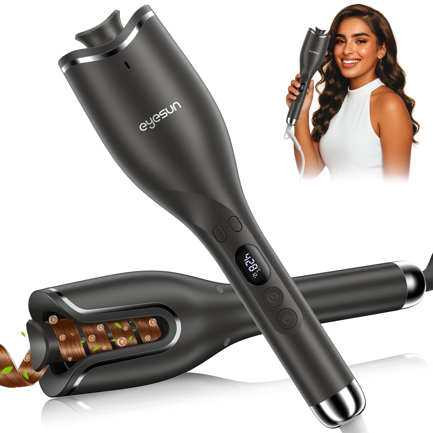 Hair Curling Irons,Automatic Portable Rotating Curling Iron with LCD Display,4Temperature Settings,Timers(12-19s),Auto Shut-Off,Anti-Scald,Anti-Tangle,Lightweight,Fast Heating&Easy Use for Travel
