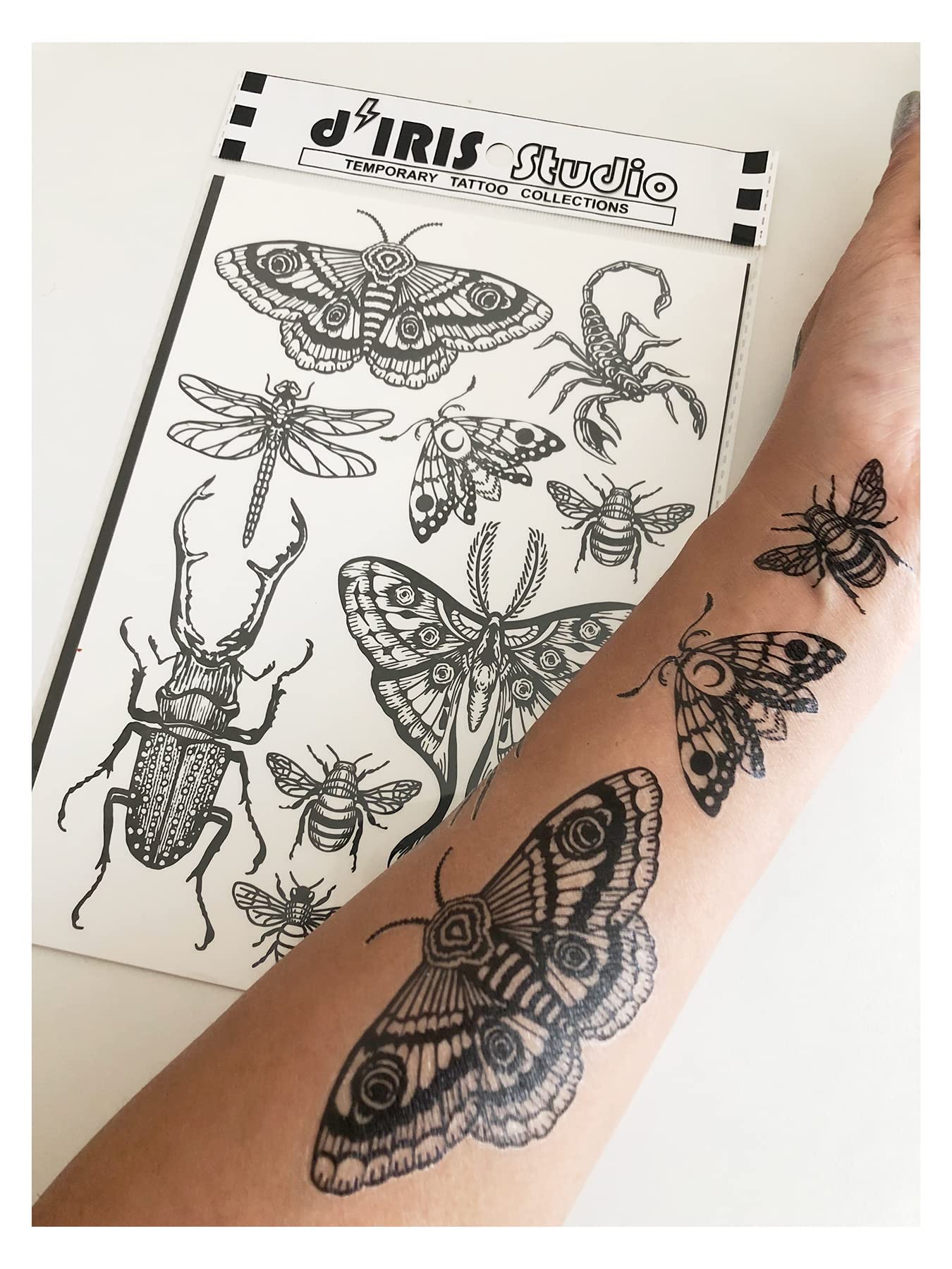 Temporary Tattoo for Adult Women - 2 Sheets - Black Big Moth Beetle Scorpion Dragonfly Bee Insect Sleeve Words Adults Tattoos