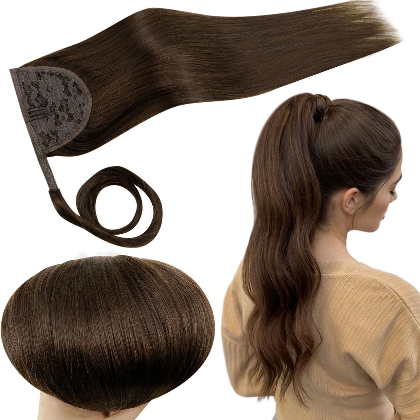 RUNATURE Hair Ponytail Extension Short Human Hair Extensions Ponytail #4 Brown Thick Wrap Ponytail Hair Extensions with Clips Straight Real Hair Pony Tail Extensions Silky 14 Inch 70g