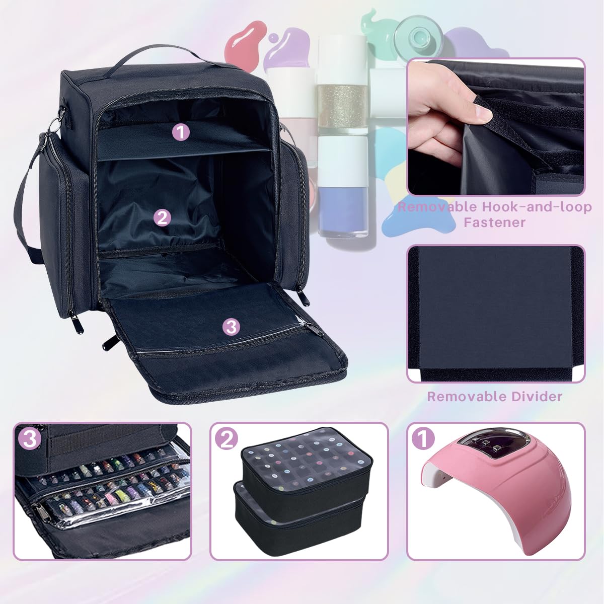 YAHOURWAT Nail Polish Organizer Holds 60 Bottles and a Nail Lamp,Portable Travel Case with 2 Removable Bags and Tools Storage Pockets Black