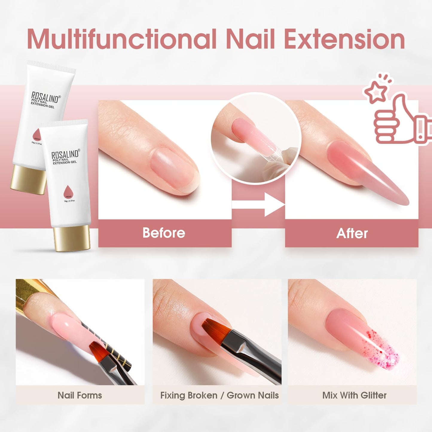 ROSALIND Large Tubes Rose Pink Poly Nail Gel, 2.37oz/70g Nail Extension Gel, Rose Pink Poly Hard Gels for Beginner & Professional Nail Art, Nail Strengthener 3D Molding Gels Salon DIY at Home