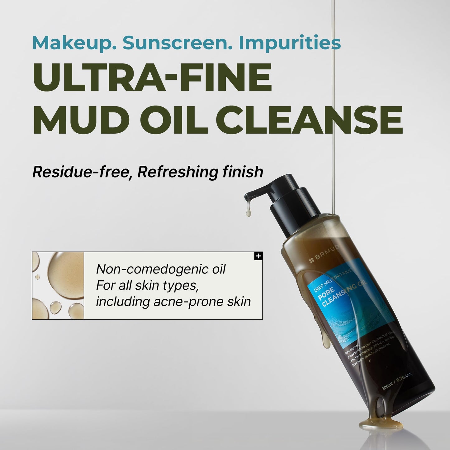BRMUD Deep Melting Mud Pore Cleansing Oil - Gentle Facial Oil Cleanser for Make Up, Excess Sebum & Impurities with Boryeong Mud & Sunflower Seed - Vegan & Non-Comedogenic Korean Skin Care 6.76 fl oz