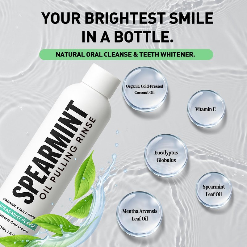 Spearmint Oil Pulling Rinse – with Organic Cold-Pressed Coconut Oil ＆ Mentha Haplocalyx Oil, Natural Mouthwash for Fresh Breath, Healthy Gums & Teeth Whitening, 8 fl oz (2)