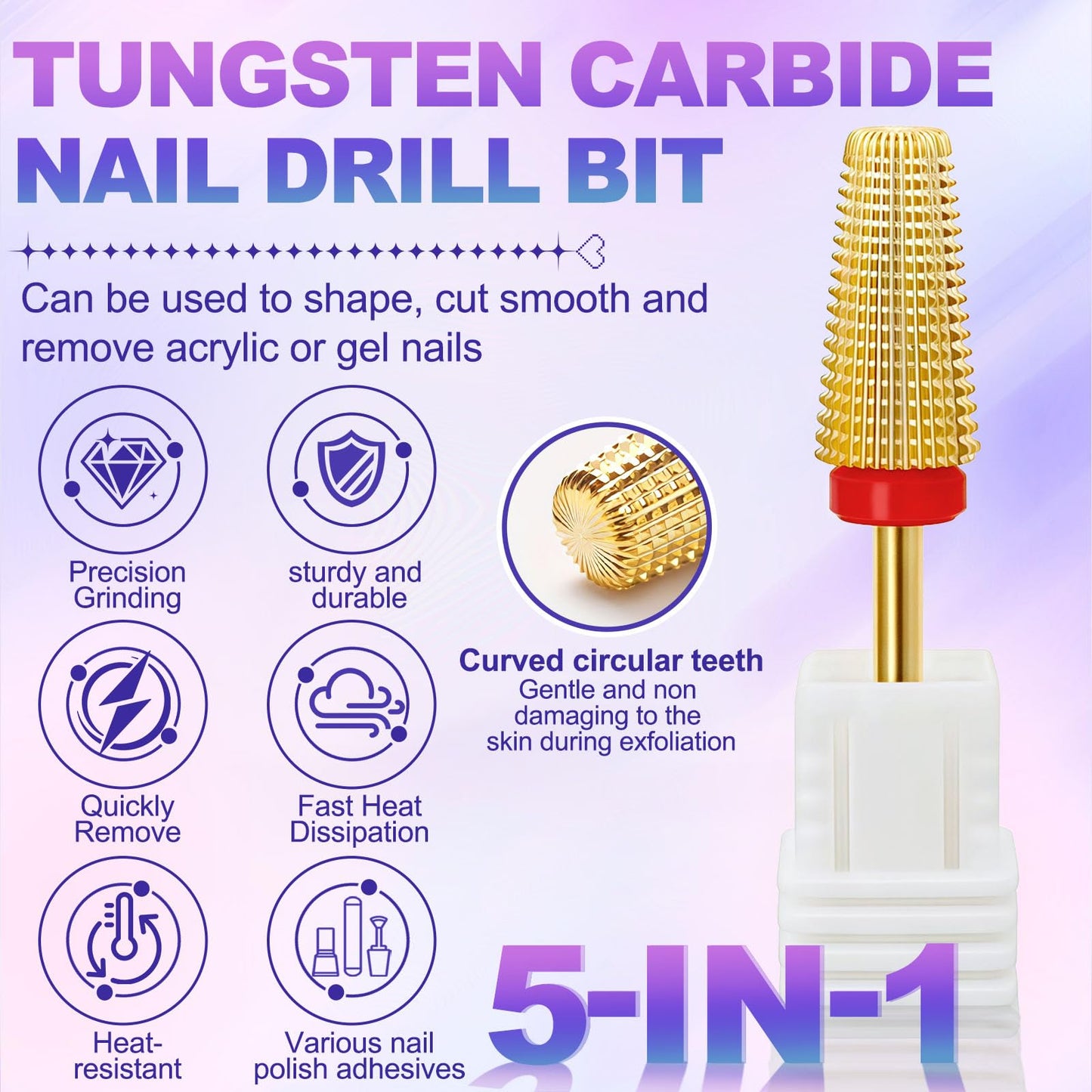 FANTEXY 5-in-1 Tungsten Carbide Nail Drill Bit, 3/32", Fine-F