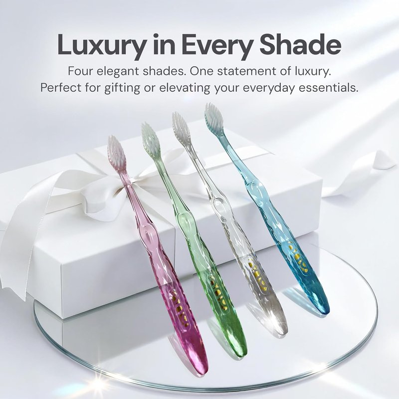Nano-b Manual Toothbrush Set - Soft/Medium Bristles for Sensitive Gums | 4-Pack in Blue, Pink, Green, Crystal