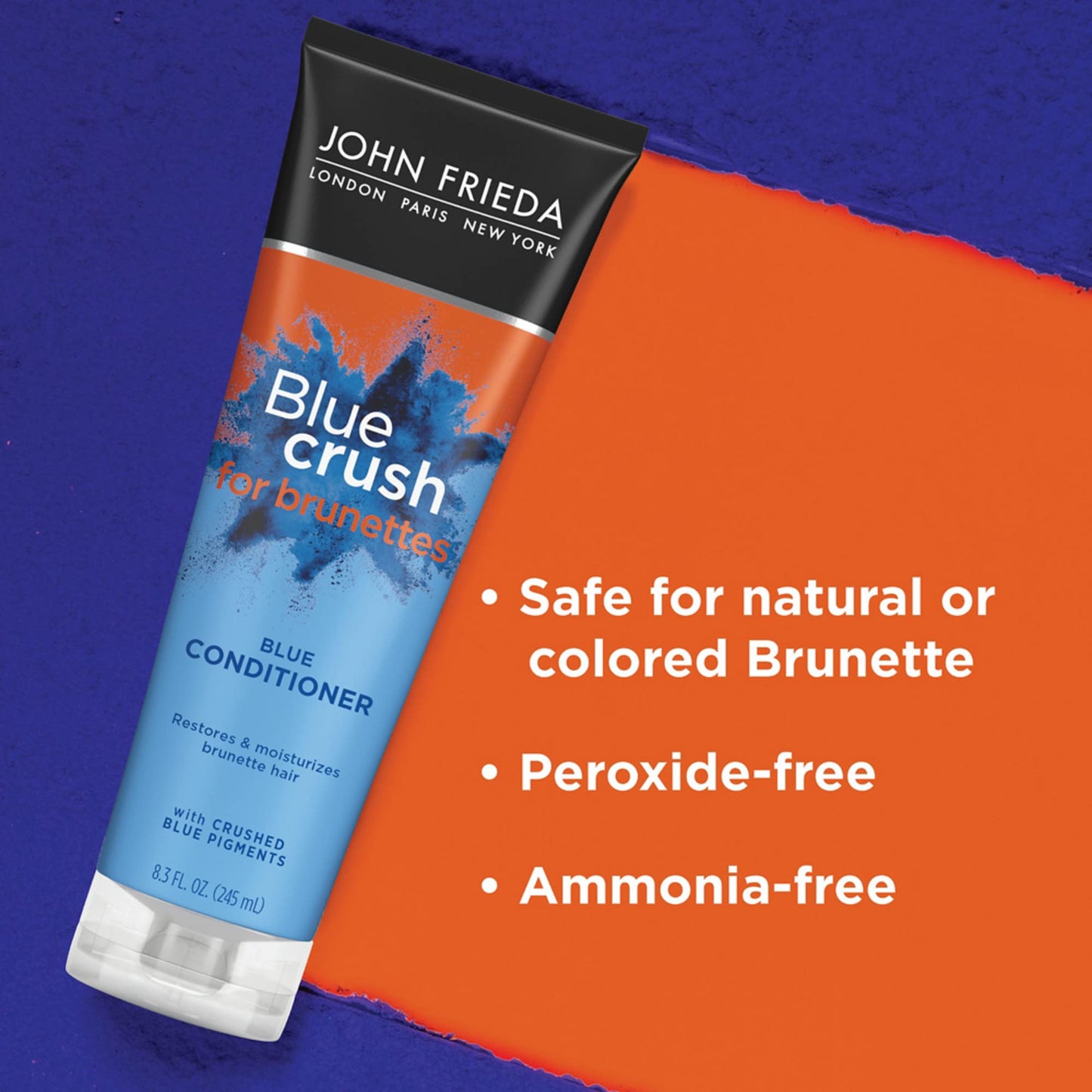John Frieda Blue Crush Shampoo and Conditioner Set for Brunettes, Nourishes Color-Treated and Natural Hair, Blue Pigments for Vibrant, Cool-Toned Brunette Hair, 8.3 Oz, Pack of 2
