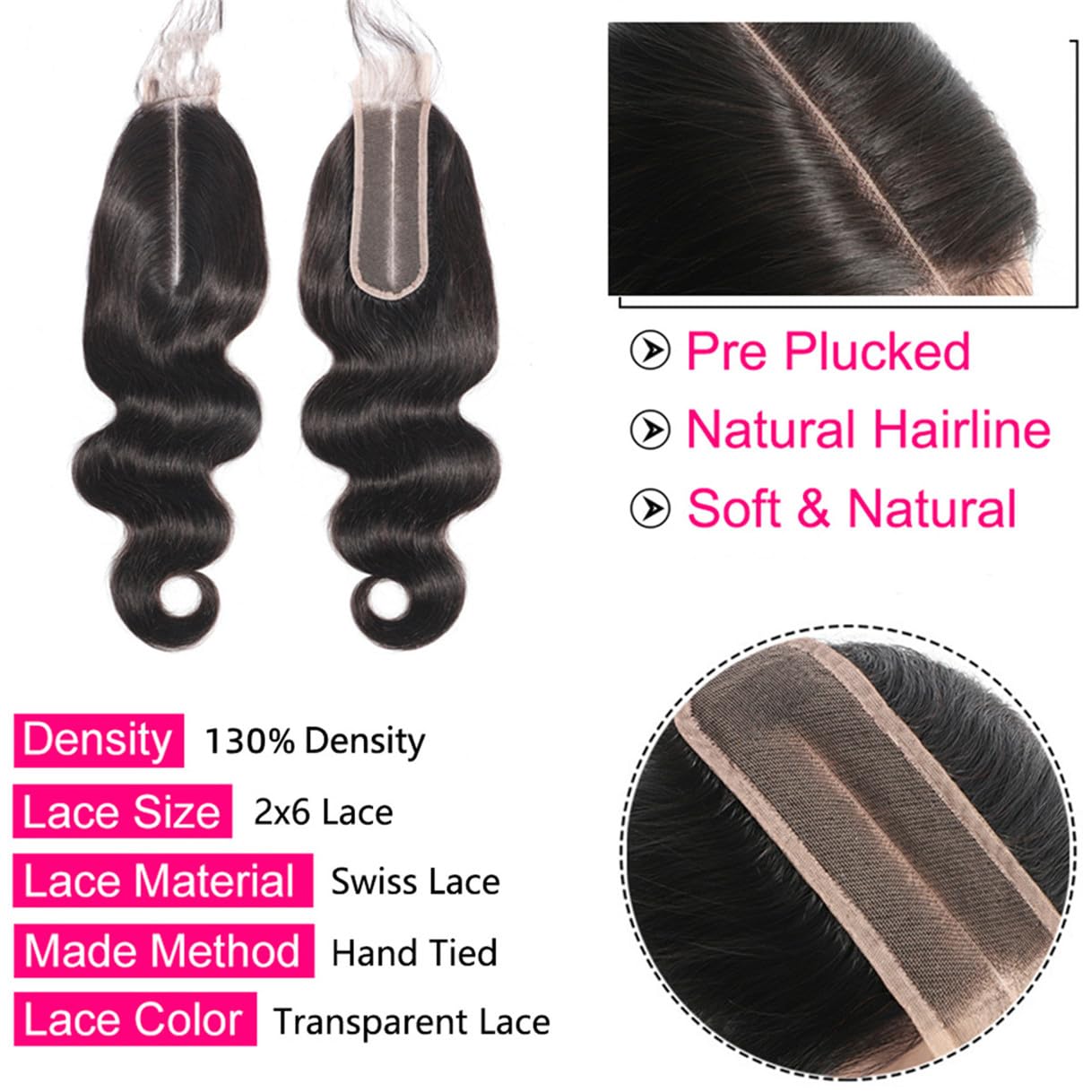Brazilian Body Wave 2x6 Lace Closure 100% Unprocessed Human Virgin Hair Pre Plucked Wet and Wavy Pre-Plucked Hairline Frontal Closure Natural Black With Baby Hair (2x6 body wave closure, 16inch)