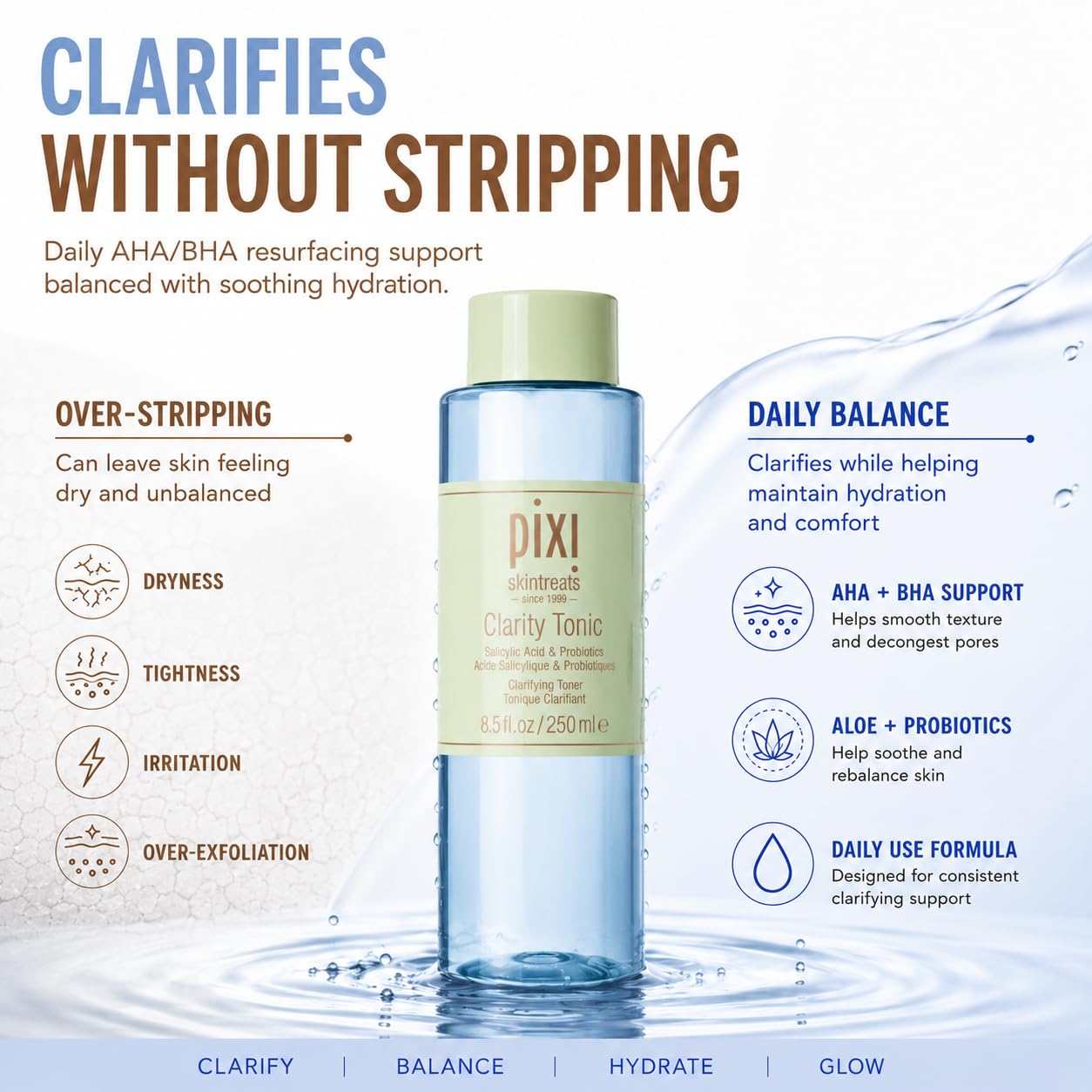 Pixi Beauty Clarity Tonic, AHA & BHA Toner | Minimize Pores, Promote A Clearer, Healthier Complexion, 250 ml