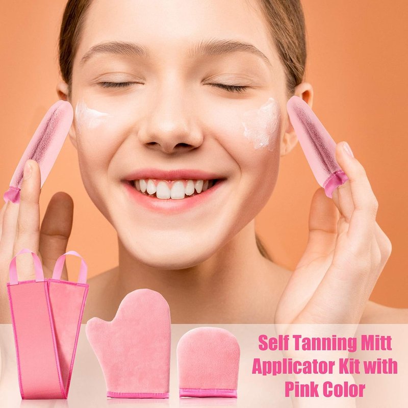 Self Tanning Mitt Applicator Kit - 5 Pieces with Exfoliating Glove & Back Lotion Applicator | Pink