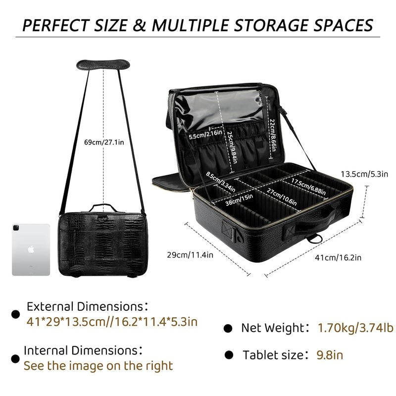 Large Capacity Travel Makeup Case Organizer - Waterproof PU Leather with Adjustable Dividers & Shoulder Strap | Perfect for Brushes & Jewelry
