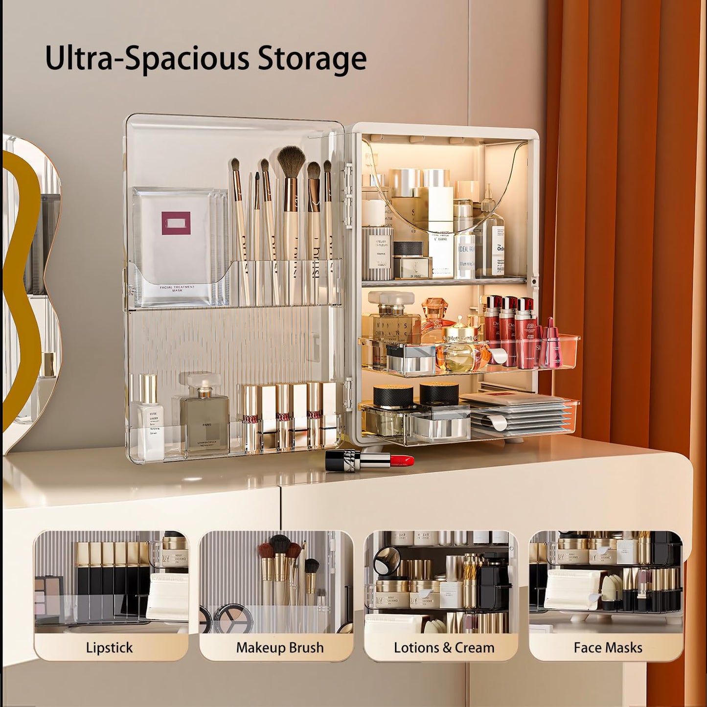 MORNITE Makeup Organizer with Drawers for Vanity & Bathroom, Cosmetic Storage Cabinet for Skincare, Beauty, Brushes, Perfume. Large Countertop Display Case with Cover Lid, Cream White