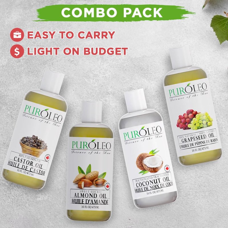 PURÓLEO Carrier Oil Gift Set- 4 Pack - Coconut Oil- Almond Oil - Castor Oil - Grapeseed Oil - 100% Natural Moisturizing Massage 4 Pc (4 Fl Oz)