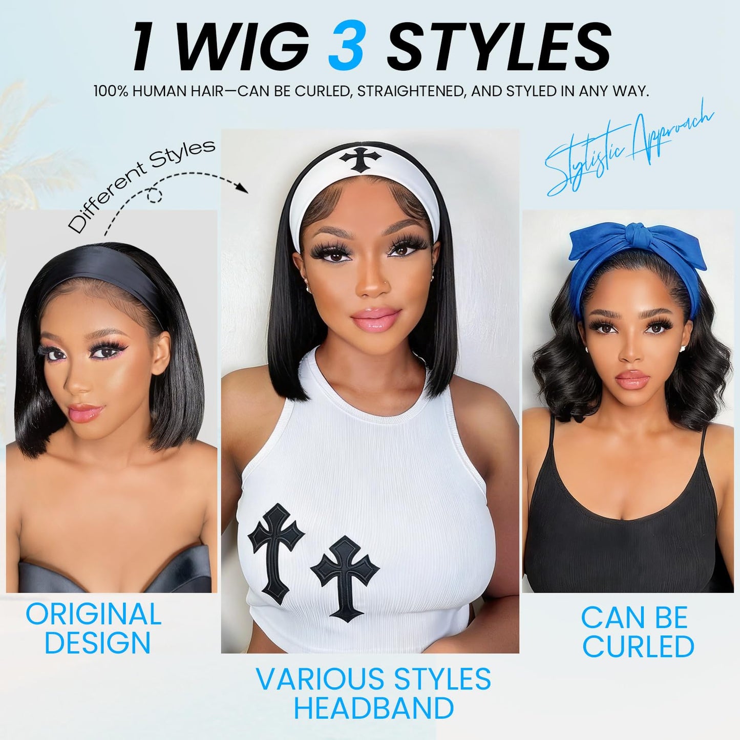 AISI Headband Wigs Human Hair Bob Headband Wig for Black Women with Leopard Print Headband Easy Put On and Go Glueless Wig Straight Wigs Machine Made 180% Density No Lace Wig Natural Color (10 Inch)