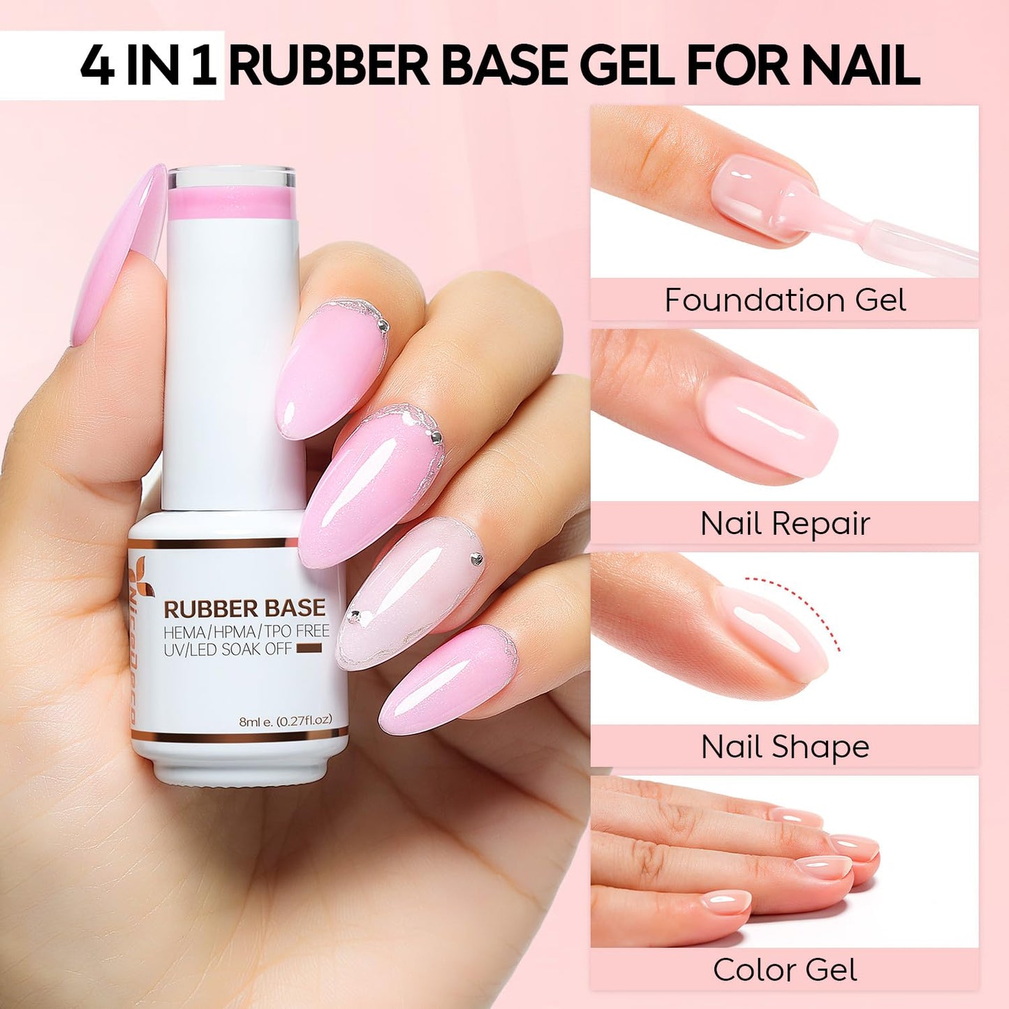 Nicedeco No Wipe Gel Top Coat and Base Coat, 6 Pcs Rubber Base Gel Polish for Nails