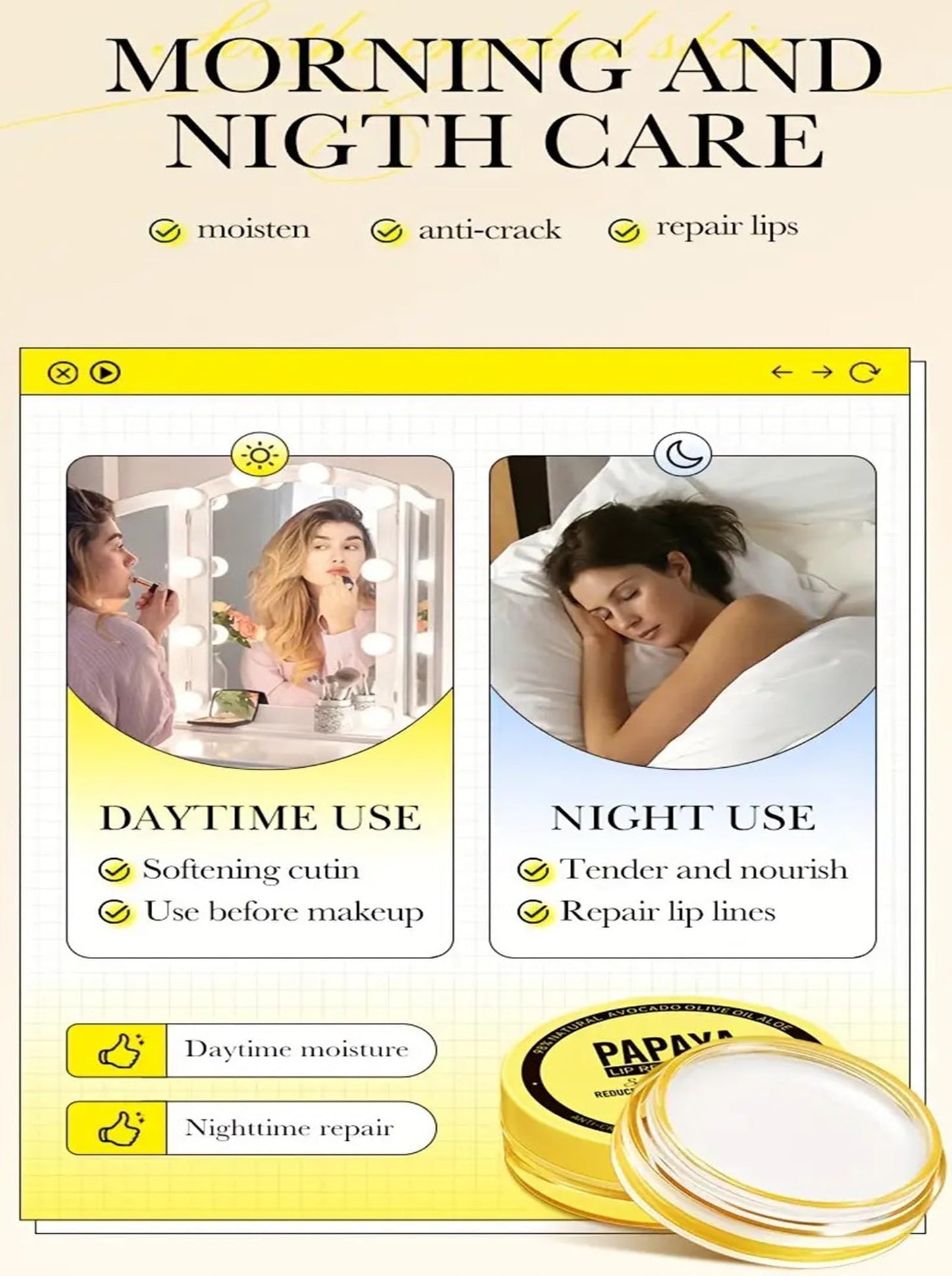 Hydrating Lip Balm for Dry, Cracked Lips - Lip Repair Moisturizer Cream with Papaya Extract for Long-Lasting Moisturizing Smoothing and Softening Suitable for Day & Night Use,6g