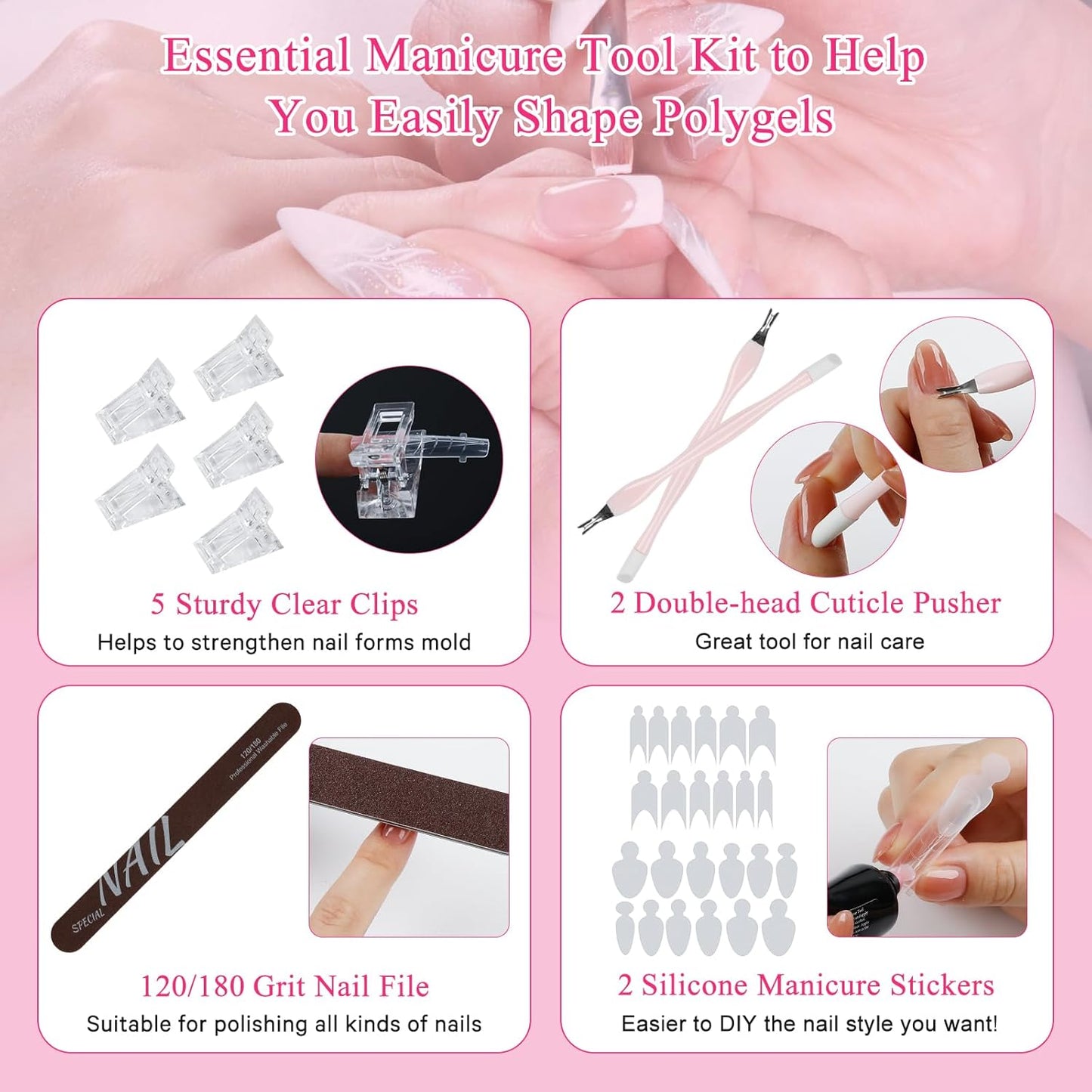 Nail Dual Forms for Poly Gel - 12 Styles & Sizes, 144Pcs Full Cover Nail Tips | Complete Extension Kit with Clips, Brush & Files