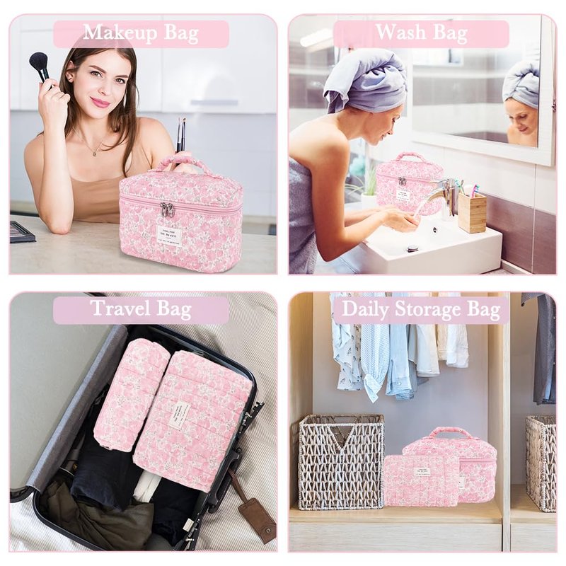 Hatende 3Pcs Cotton Quilted Makeup Bag Set,Large Floral Cosmetic Bag，Aesthetic Toiletry Travel Makeup Bag Set and Cute Flower Bag for Women Girls (Pink Flower)