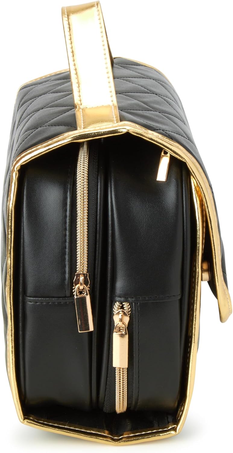 Juicy Couture Black Makeup Bag - Faux Quilted Leather Cosmetics Organizer with Hanging Hook | Travel Essential