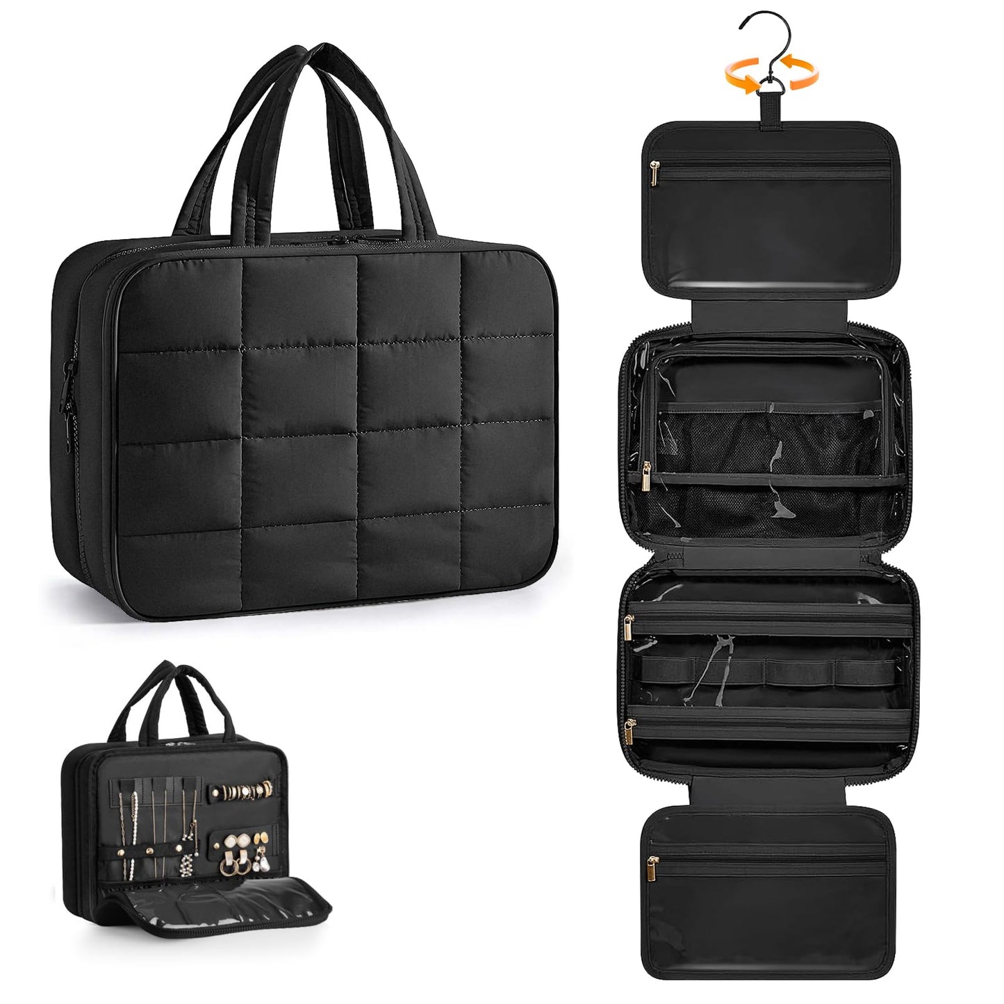 Manuqia Travel Toiletry Bag with Separate Jewelry Organizer, Water-resistant Makeup Bag with Hanging Hook, Large Capacity Travel Organizer for Toiletries, Cosmetic, Vacation Essentials - Large