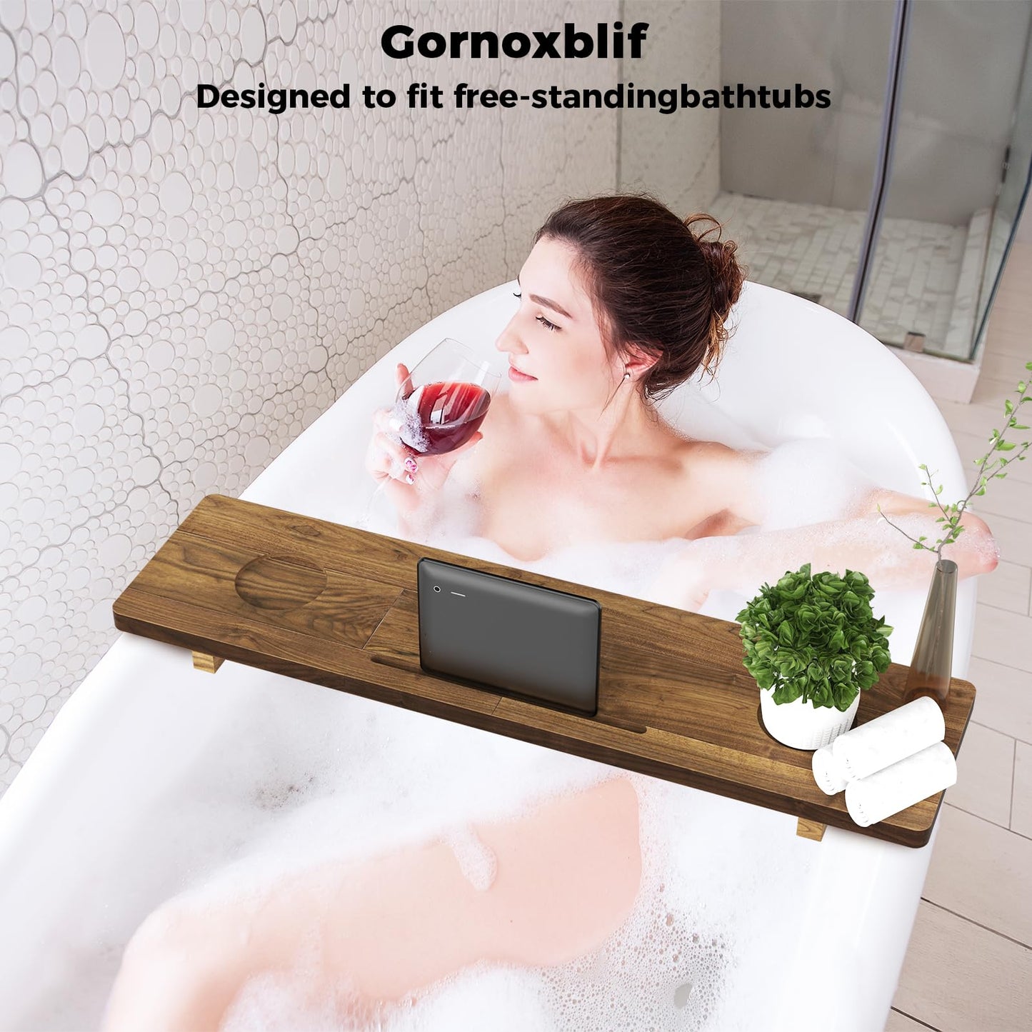 Premium Bathtub Tray for Freestanding Bath, Large & Thick 35” Acacia Wood Luxury Bath Tray for Tub， Anti-Tip, Non-Toxic, Adjustable Bathtub Trays for Tub with Bathroom Accessories Holder