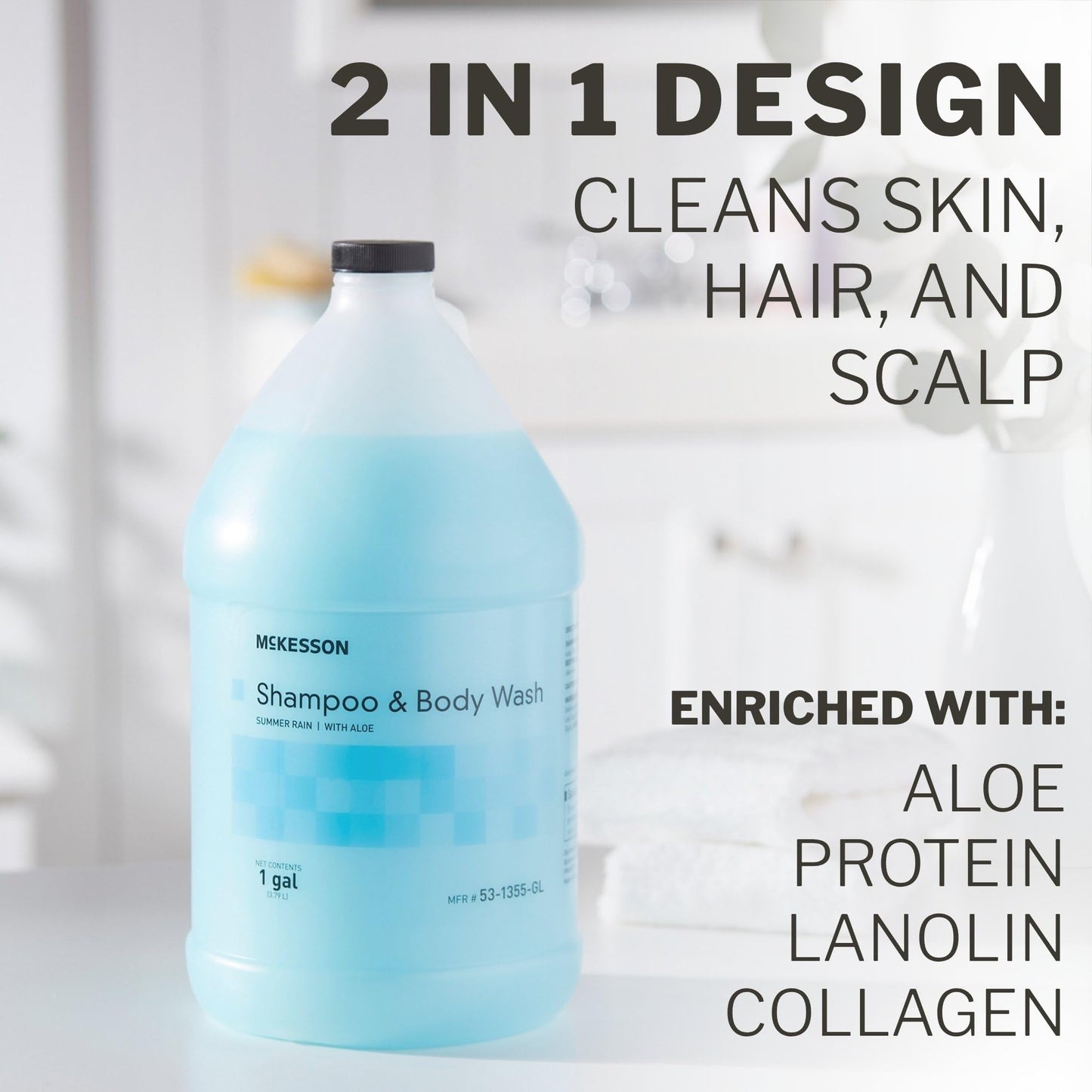 McKesson Body Wash and Shampoo - 1  Gallon Bulk Refill Full Body Wash with Aloe, Summer Rain Scent - Sensitive Skin & Hair 2‑in‑1