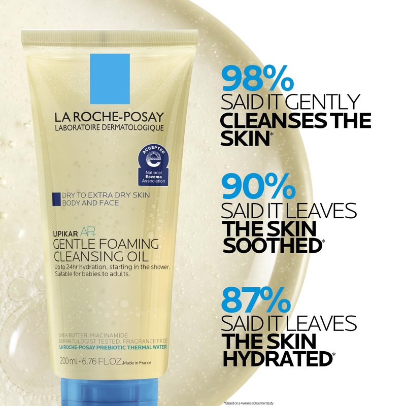 La Roche-Posay Lipikar AP+ Gentle Foaming Cleansing Oil, Gentle Oil Cleanser for Face and Body Formulated with Niacinamide, Long-Lasting 24-hour Hydration, Fragrance-Free & Soap Free, 200ml