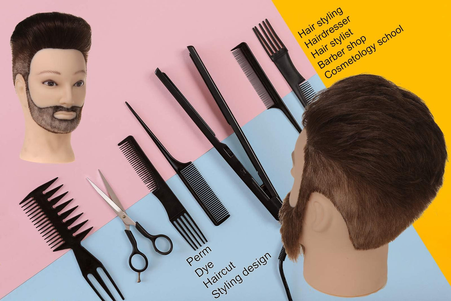 Stancia Male Mannequin Head,Training Head with 100% Human Hair,14” Barber Mannequin Head, Hairdresser Manikin Head, Training Doll Head for Hair Styling and Practice(with Beard,Dark Brown)