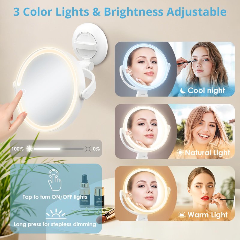 Fabuday Wall Mounted Magnifying Makeup Mirror with Lights - 1x/30x Double Sided Lighted Magnification Mirror with Suction Cup, Rechargeable Mirrors with Extended Arm, 3 Color LED Lighting, 7 Inch