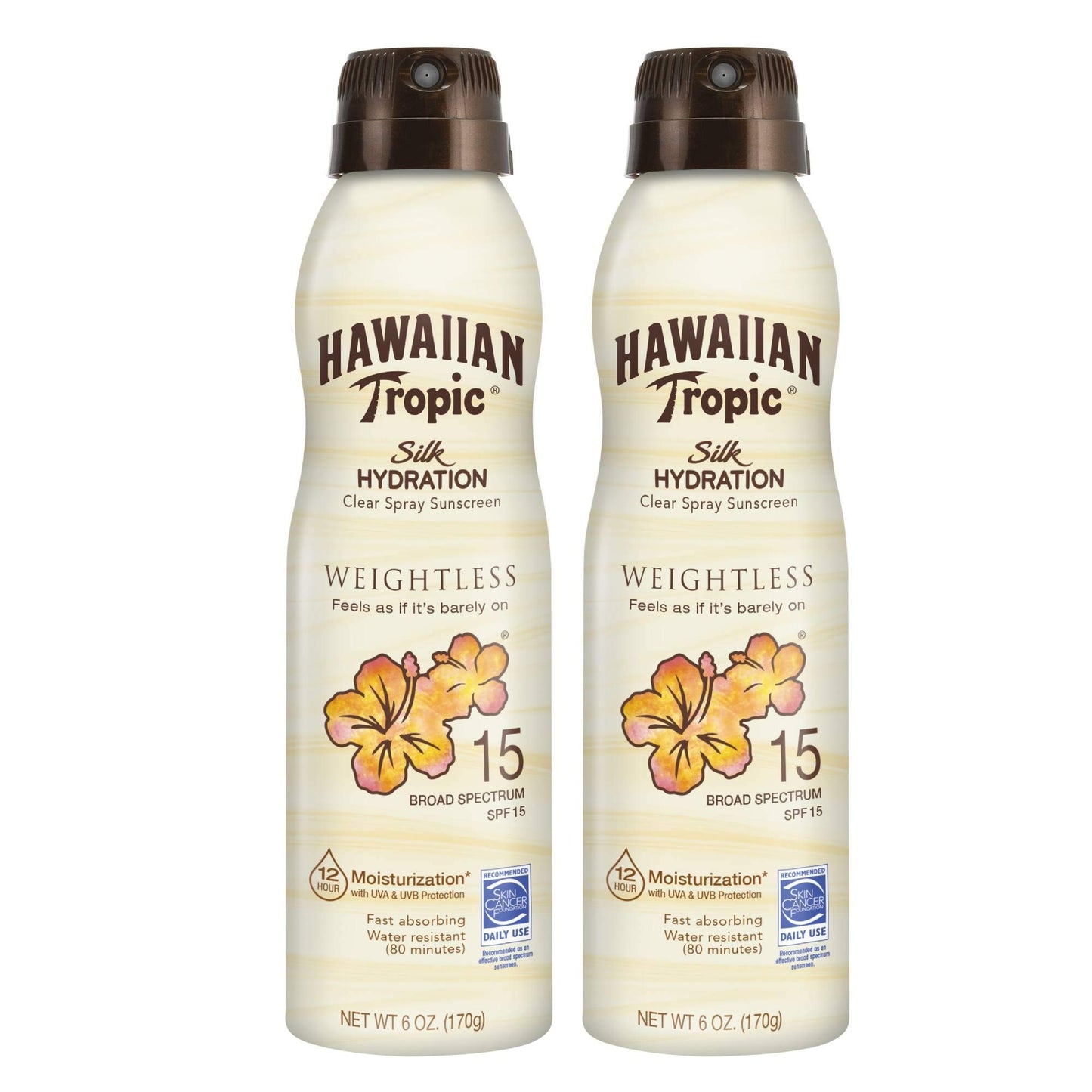 Hawaiian Tropic Weightless Hydration Clear Spray Sunscreen SPF 15 Twin Pack 6oz Each + Face Sunscreen Lotion SPF 30 Travel Size 1.7oz