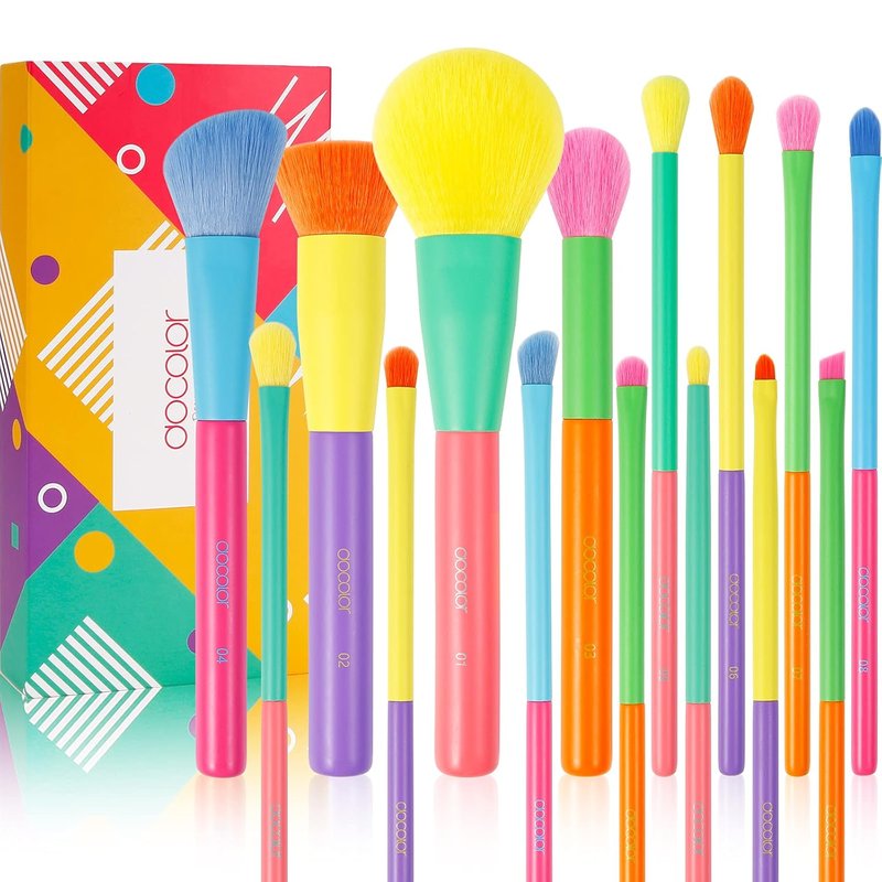 Docolor Makeup Brushes - 15-Piece Colorful Synthetic Brush Set for Face & Eyes | Premium Kabuki, Contour, Blush, and Eyeshadow Tools
