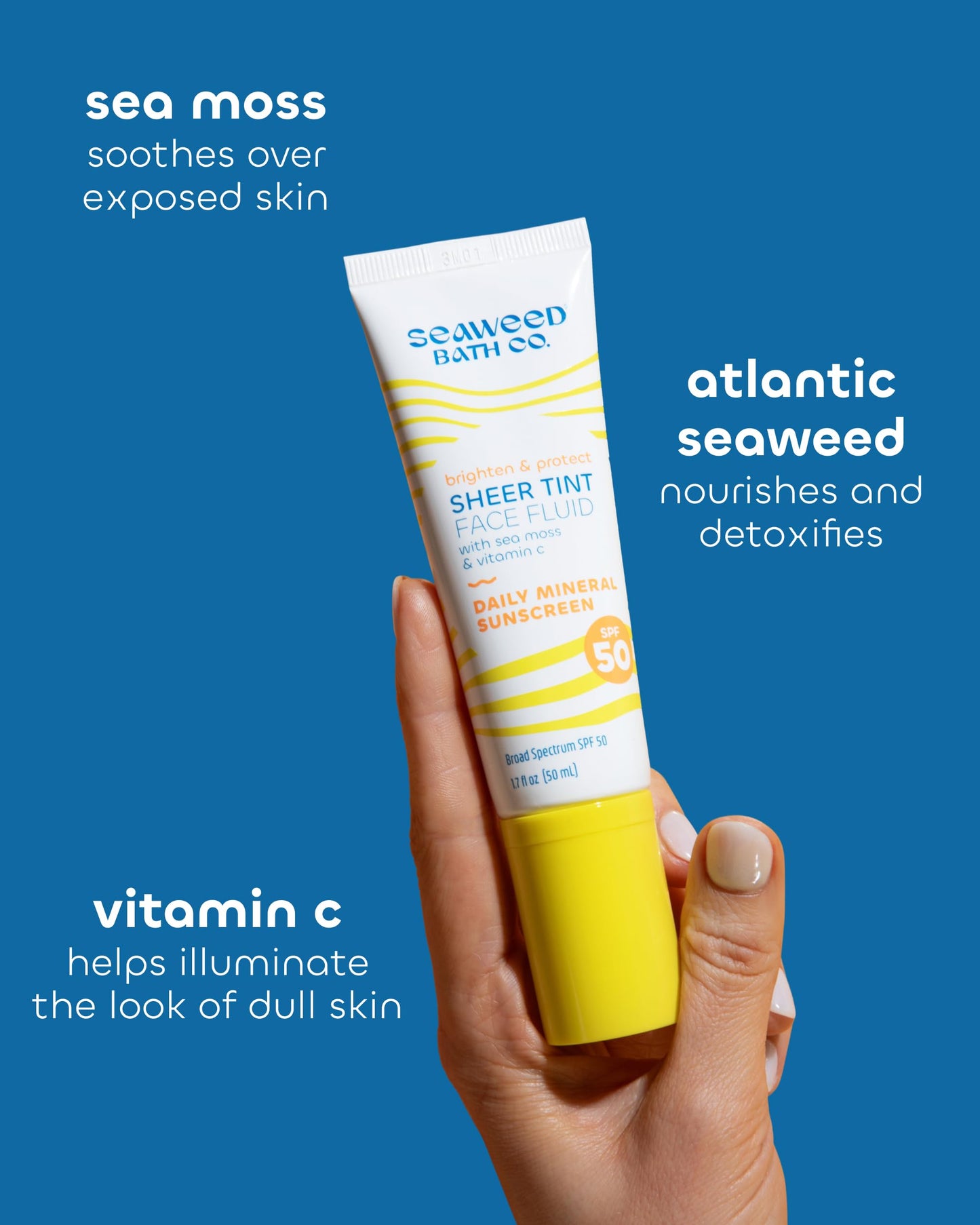 Seaweed Bath Co Tinted Face Sunscreen SPF 50 - Mineral Zinc Oxide Facial Lotion with Sheer Coverage - Lightweight Daily Moisturizer with Broad Spectrum UV Protection for Natural Glow, 1.7 oz