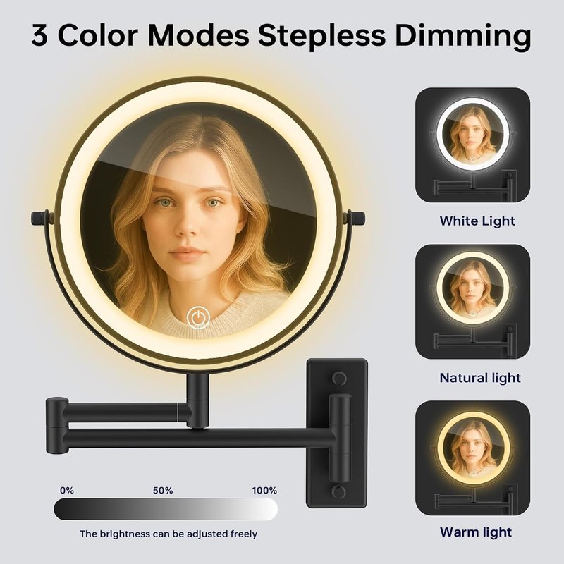 LANSI Wall Mounted Makeup Mirror with Lights, 8" Bathroom Vanity Magnifying Mirror Wall Mount with 1X/10X Magnification and Extendable Arm,Black