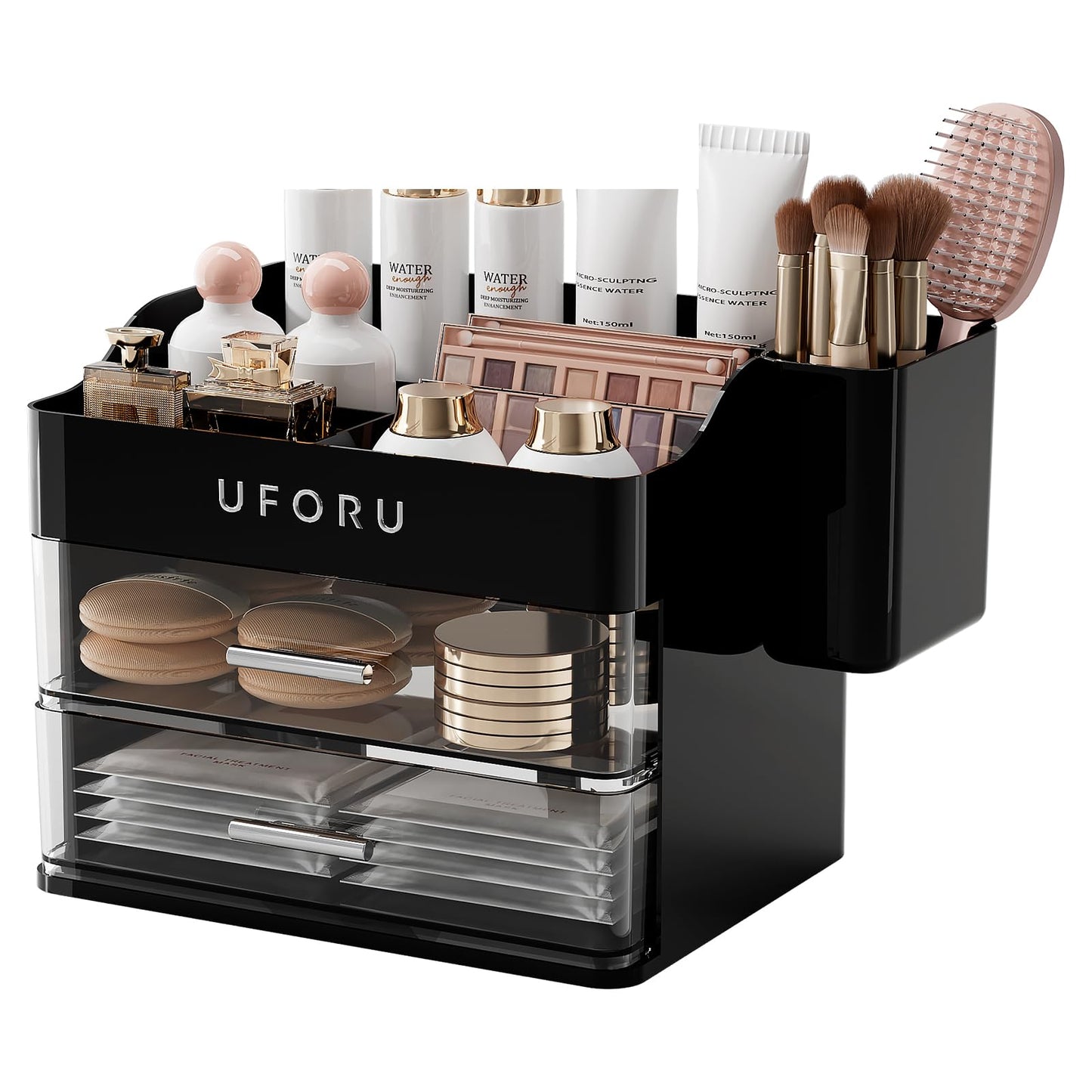 UFORU Makeup Organizer for Vanity with Brush Holder, Countertop Skincare Organizer with 2 Drawers, Spacious Cosmetic Display Case for Perfumes, Cologne, Shaving Lotion