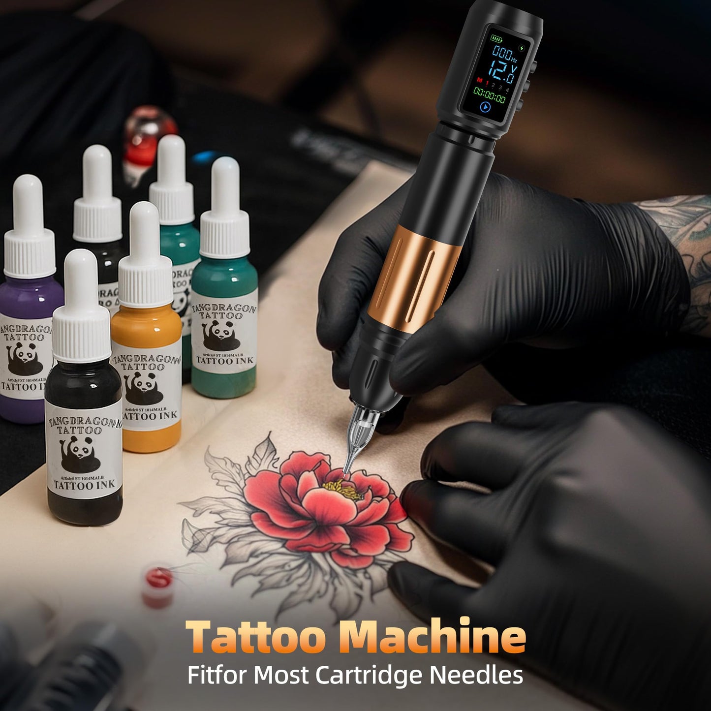 EMRICE Tattoo Gun Kit Wireless Tattoo Machine Pen Kit with 2Pcs Replaceable battery and 20 pcs Tattoo Cartridge Needles, 10 Ink Colors for Complete Tattoo Machine kit for Beginners (Black Gold)