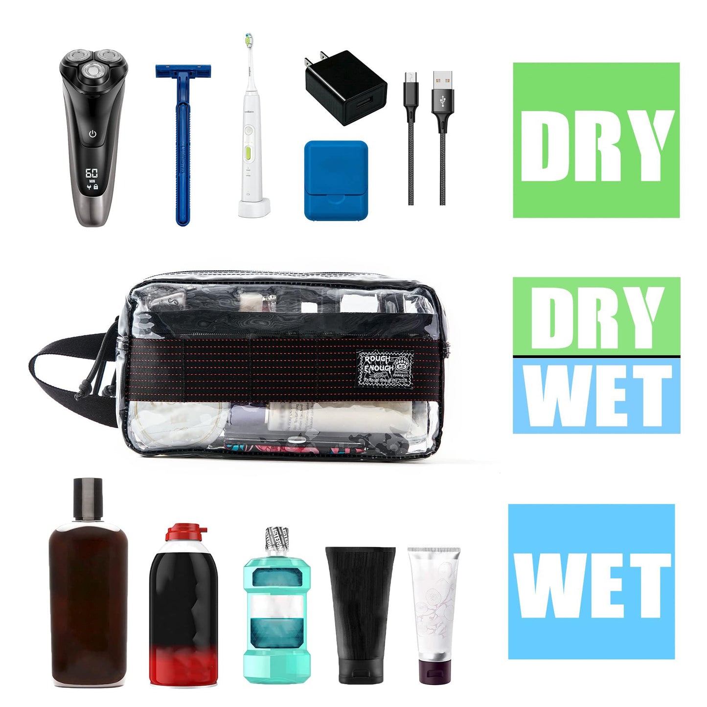 Rough Enough Clear Travel Toiletry Bag for Men Women Traveling Toiletries Essentials Shaving Hygiene Dopp Kit