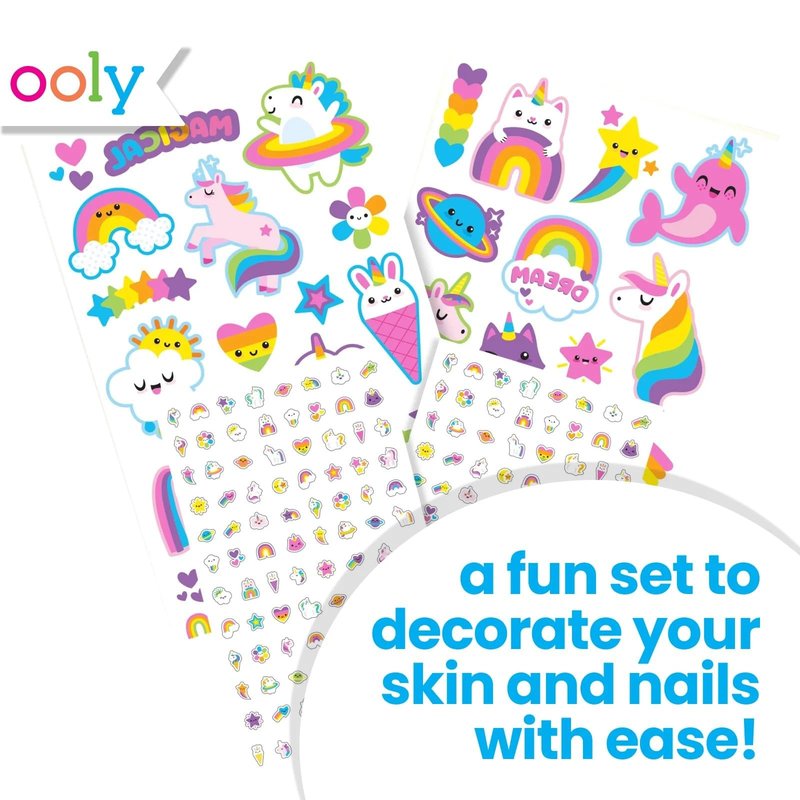 Ooly Set of 35 Unicorn & Rainbow Temporary Tattoos and 192 Nail Stickers for Kids, Non-Toxic, Safe Kids Tattoos, Party Favors, Goodie Bag Stuffers, Birthday Decorations for Girls Ages +3