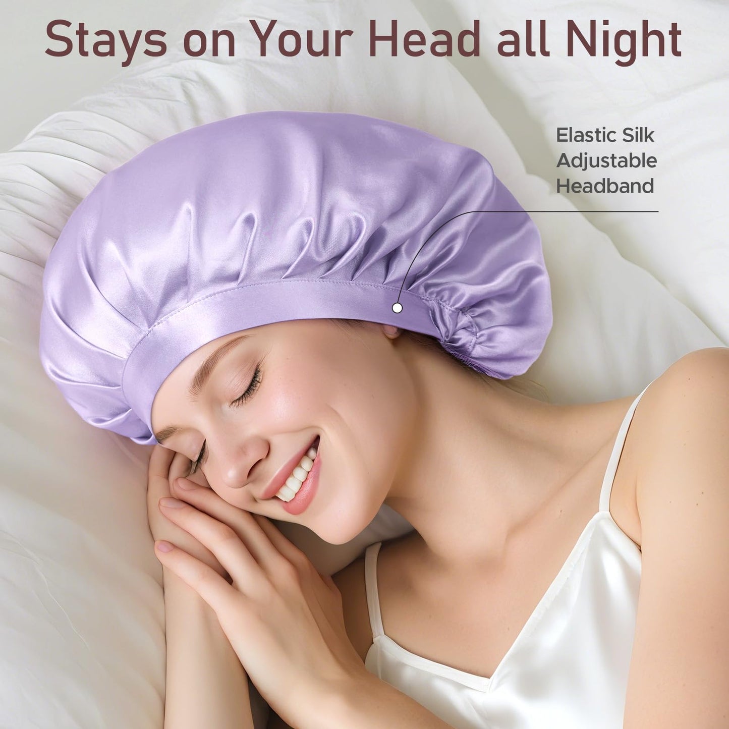 LitBear 100% Mulberry Silk Bonnet for Sleeping Women, 22 Momme Silk Hair Wrap with Elastic Band for Long Short Curly Hair, Non-Slip Night Cap Reduce Friction, Purple